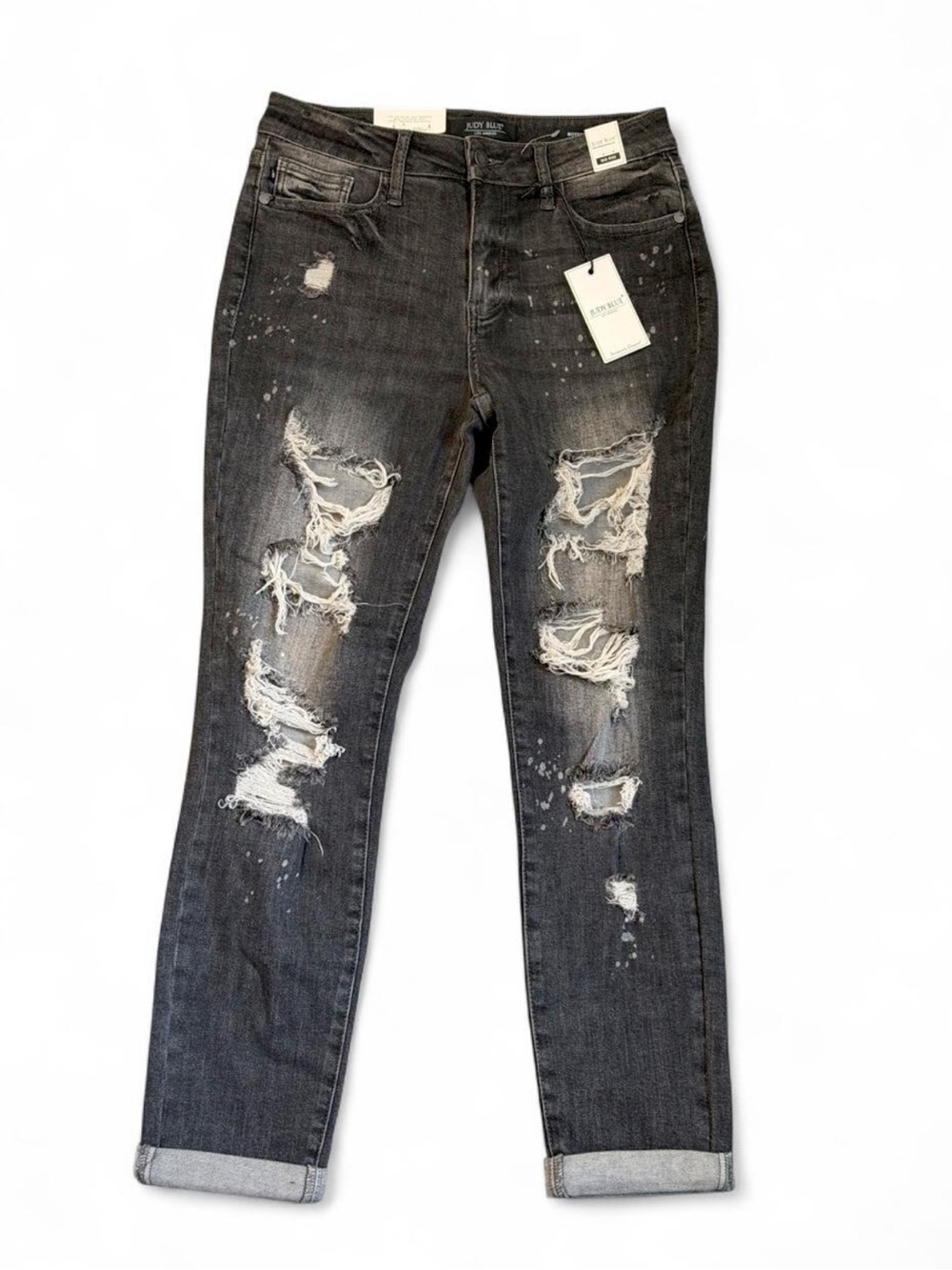NWT Judy Blue Mid Rise Distressed Paint Splatter Boyfriend Jeans Black Size 5